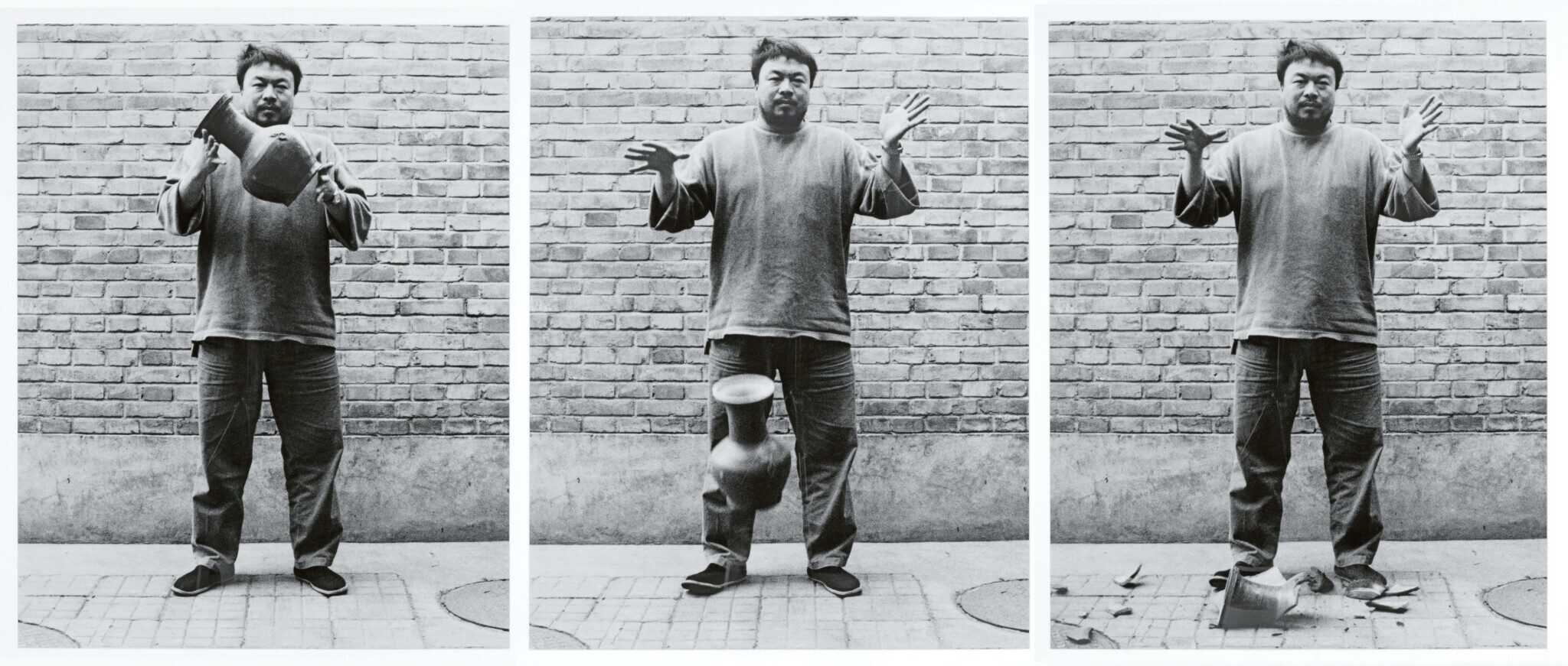 Three-panel image of a person in front of a brick wall dropping a ceramic vase, shattering it upon impact with the ground. This scene echoes the vibrant art you'd discover at a film festival or while exploring what to do in Seattle during March and April.