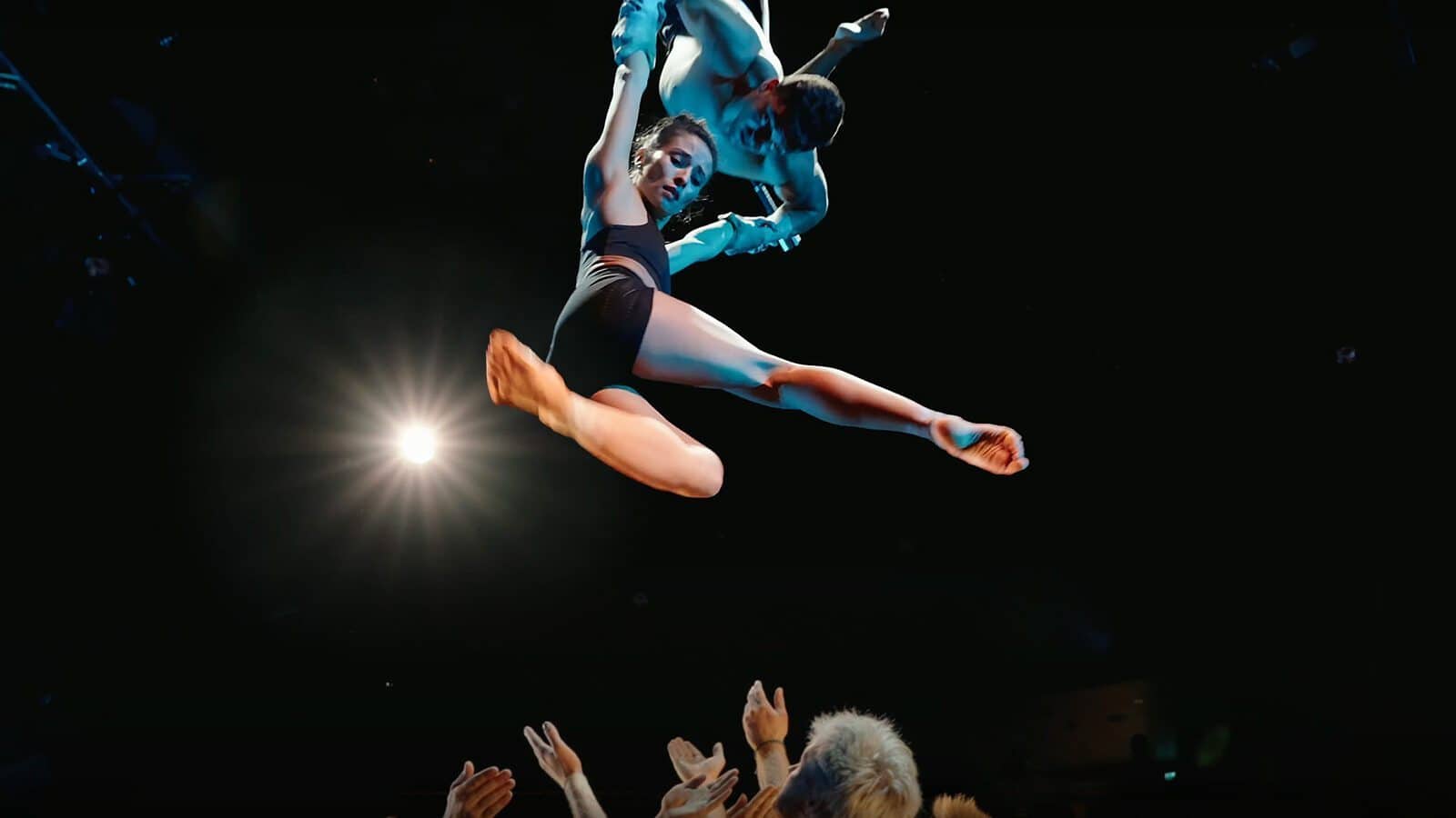 An acrobat in black athletic wear is suspended mid-air by another performer, while people below reach up towards them under stage lighting.