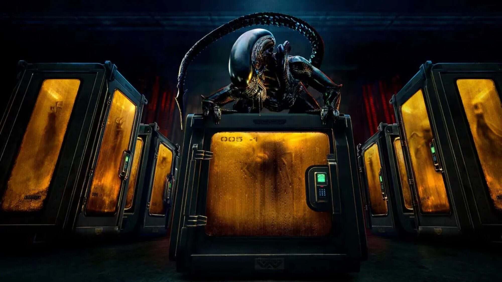 A large alien creature looms over a glass container holding a shadowy figure, surrounded by similar containers in a dark, industrial setting, reminiscent of the chilling world of FX's Alien: Earth and cities hosting secrets like Seattle.