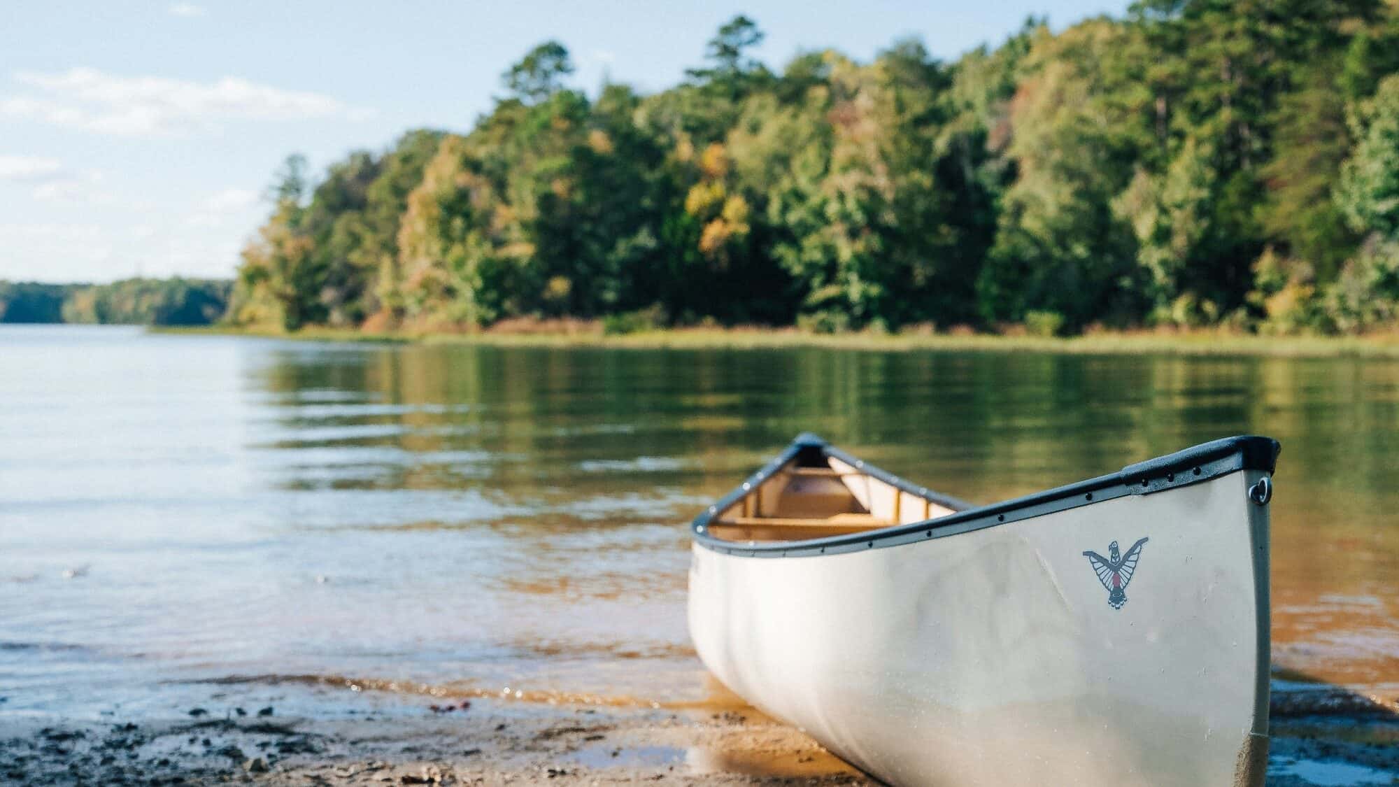 A canoe rests on the shore of a calm lake, perfect for paddle camping, with trees and greenery in the background under a clear sky.