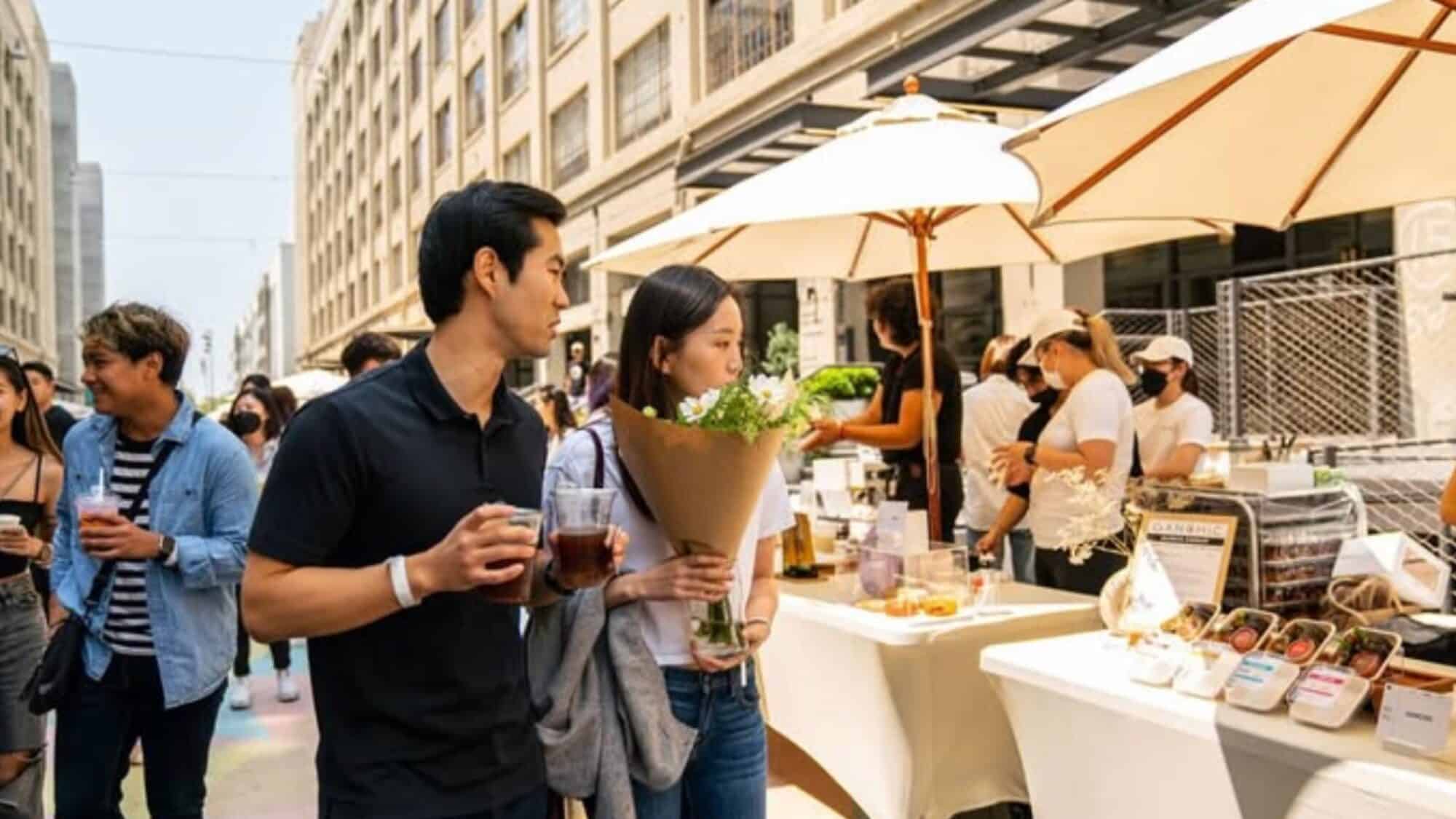 A man and woman walk past outdoor market stalls at Seattle's MAUM Market; the woman holds a bouquet of flowers and both hold drinks. Other people browse the stalls under umbrellas.