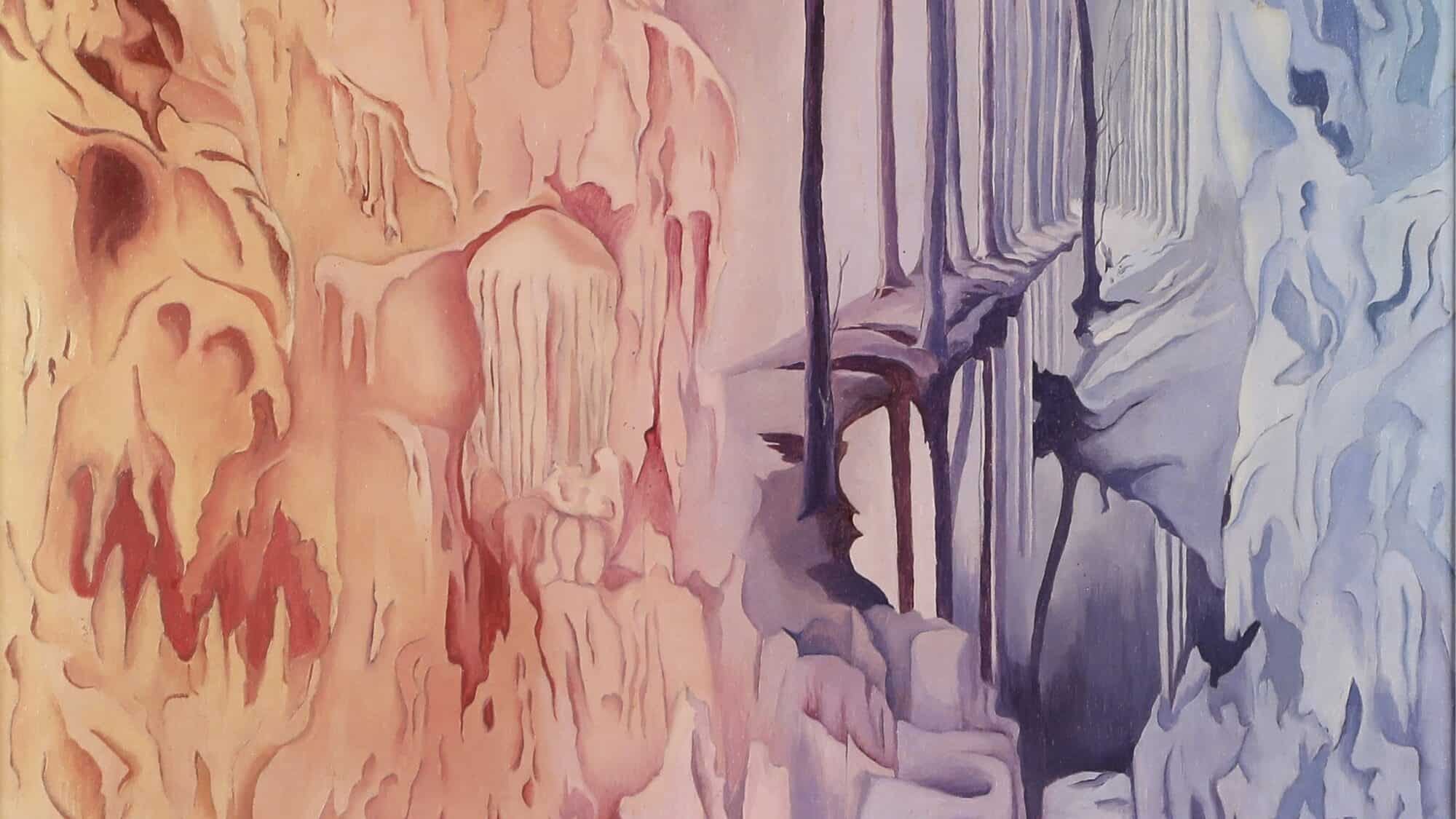 Abstract painting depicting melting forms; the left side features warm peach and pink hues while the right is rendered in cool blues and purples, with vertical drips dividing the sections.