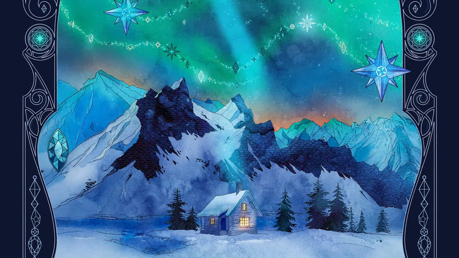 A small cabin with glowing windows sits among snowy mountains and pine trees under a colorful aurora-lit night sky with large decorative stars.