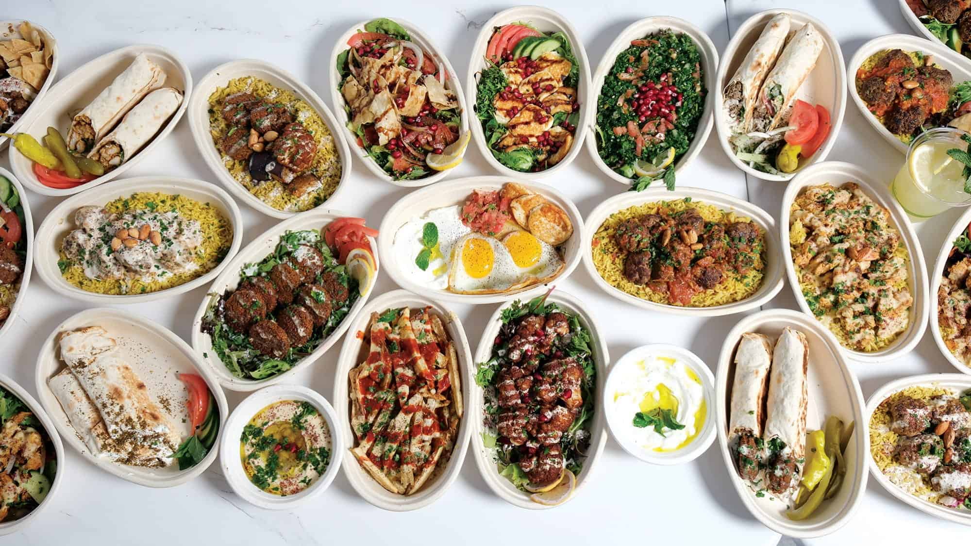An assortment of Industry Entrées featuring Middle Eastern dishes such as rice, grilled meats, vegetables, pita bread, salads, and various garnishes arranged in oval bowls on a white surface.