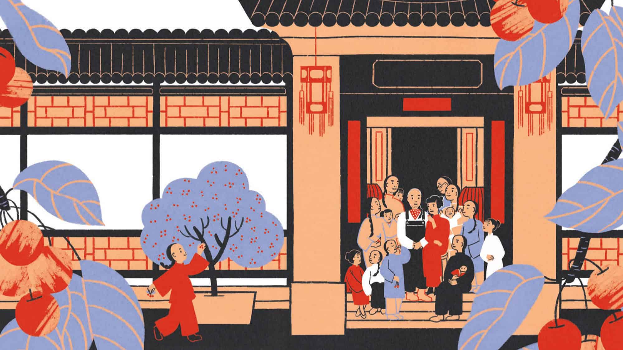 Illustration of a group of people gathered at the entrance of a traditional building, with trees and large fruit in the foreground.