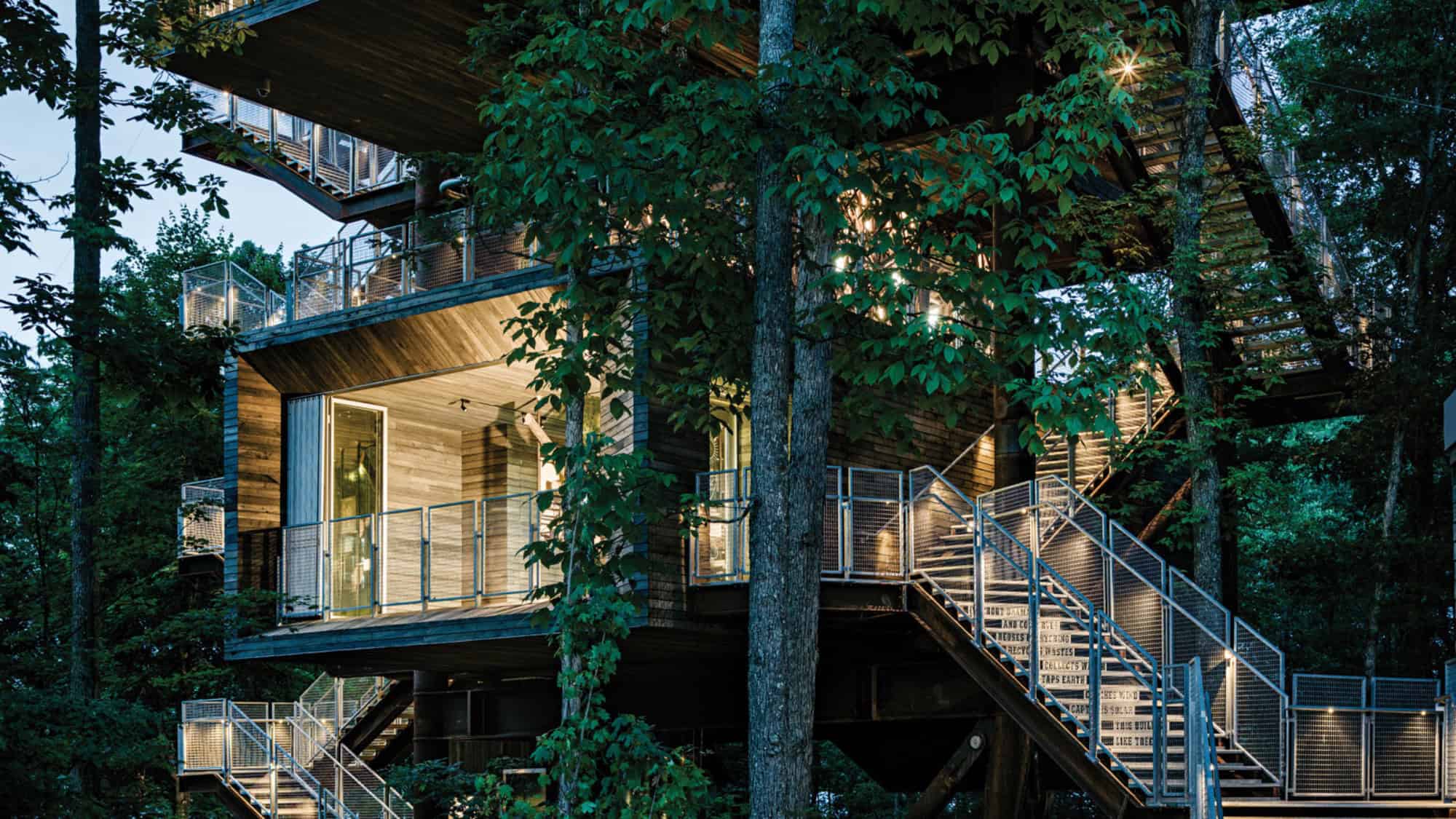 Modern multi-level treehouse with large windows and metal staircases, surrounded by dense green trees, lit by interior and exterior lights at dusk.