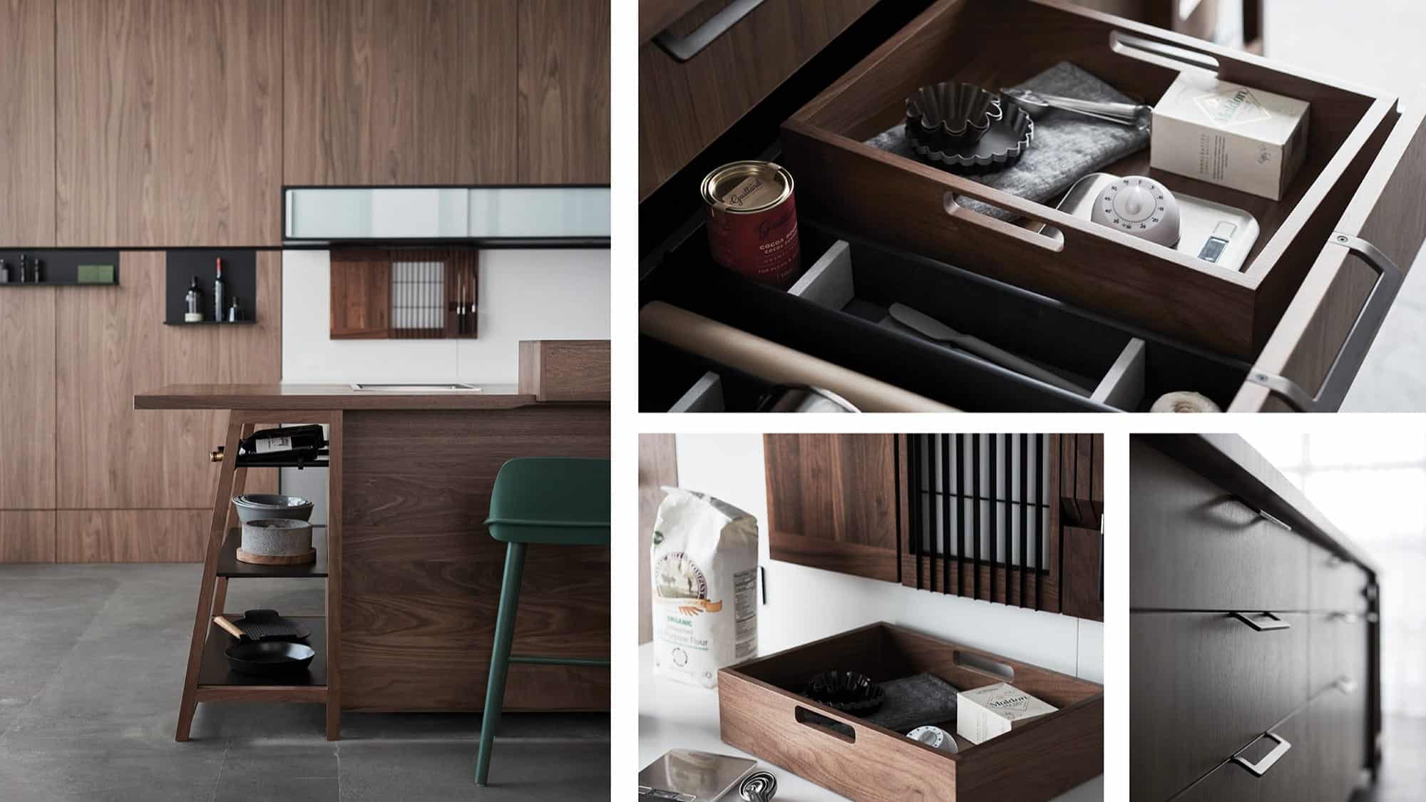 Modern kitchen with dark wood cabinets, open shelving, and organized drawers showcasing SBM-inspired craft value in the arrangement of various kitchen items and utensils.