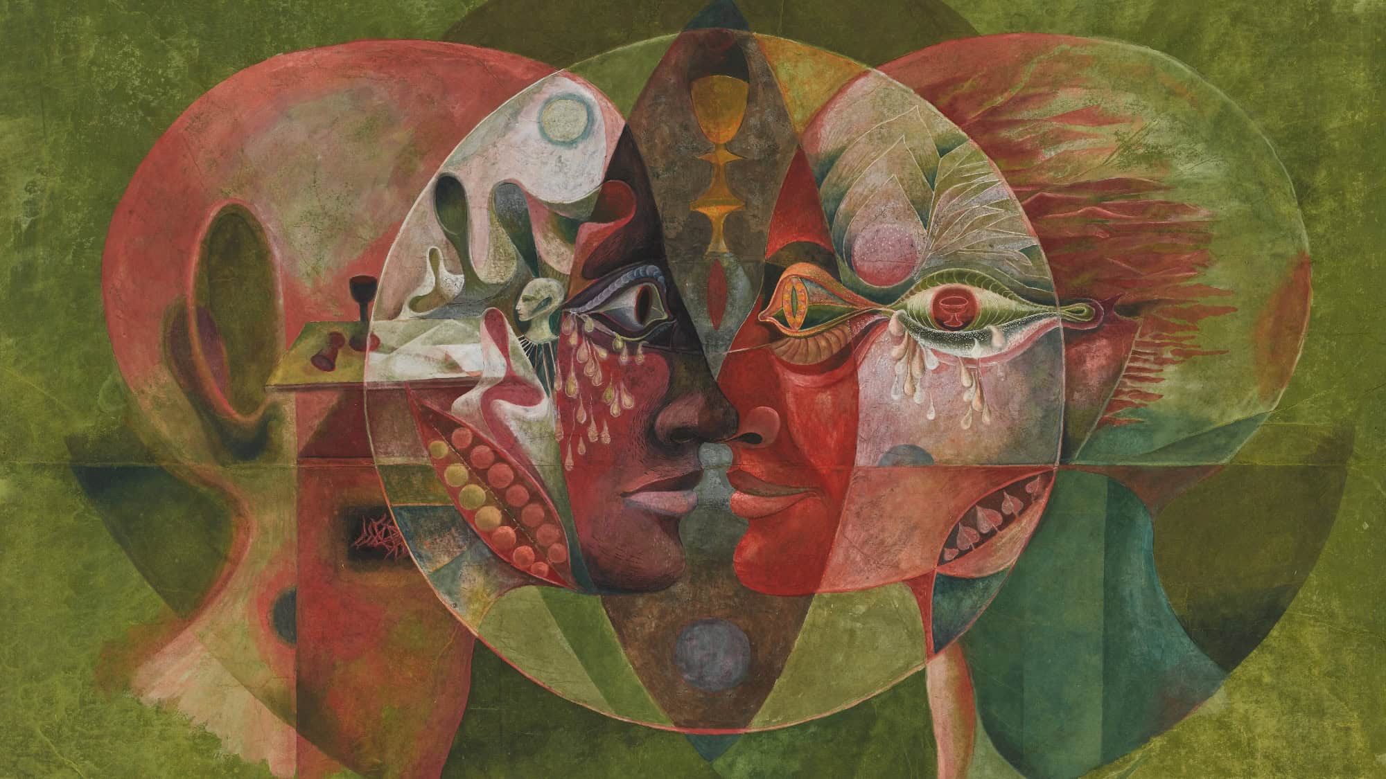 Abstract painting featuring overlapping human faces in profile and frontal views, with vivid reds, greens, and intricate geometric and organic patterns throughout.