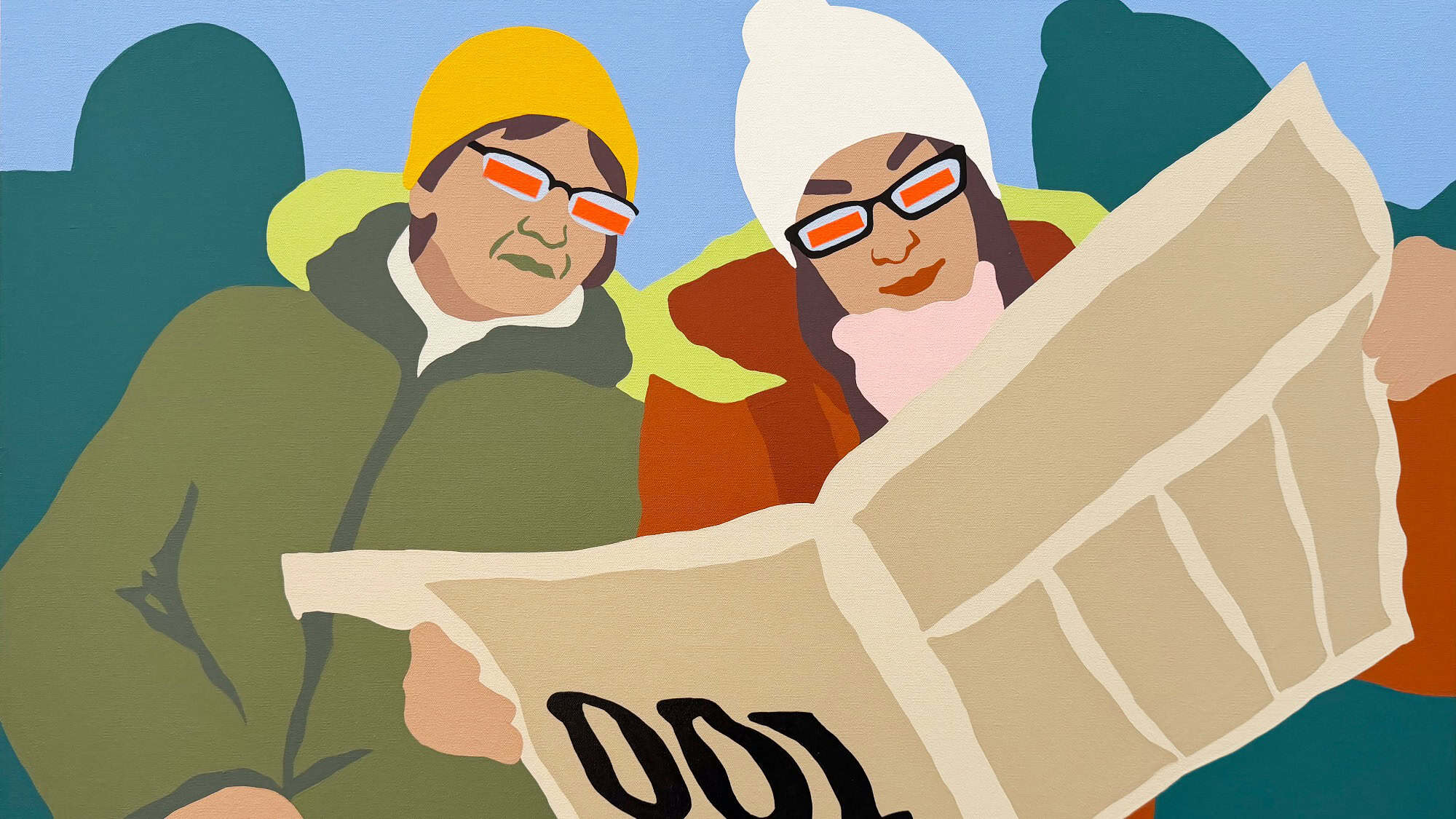 Two people wearing hats and glasses sit together reading a large newspaper outdoors; the flat, colorful, and minimalist artwork evokes Studio Sessions by Raili Jänese.