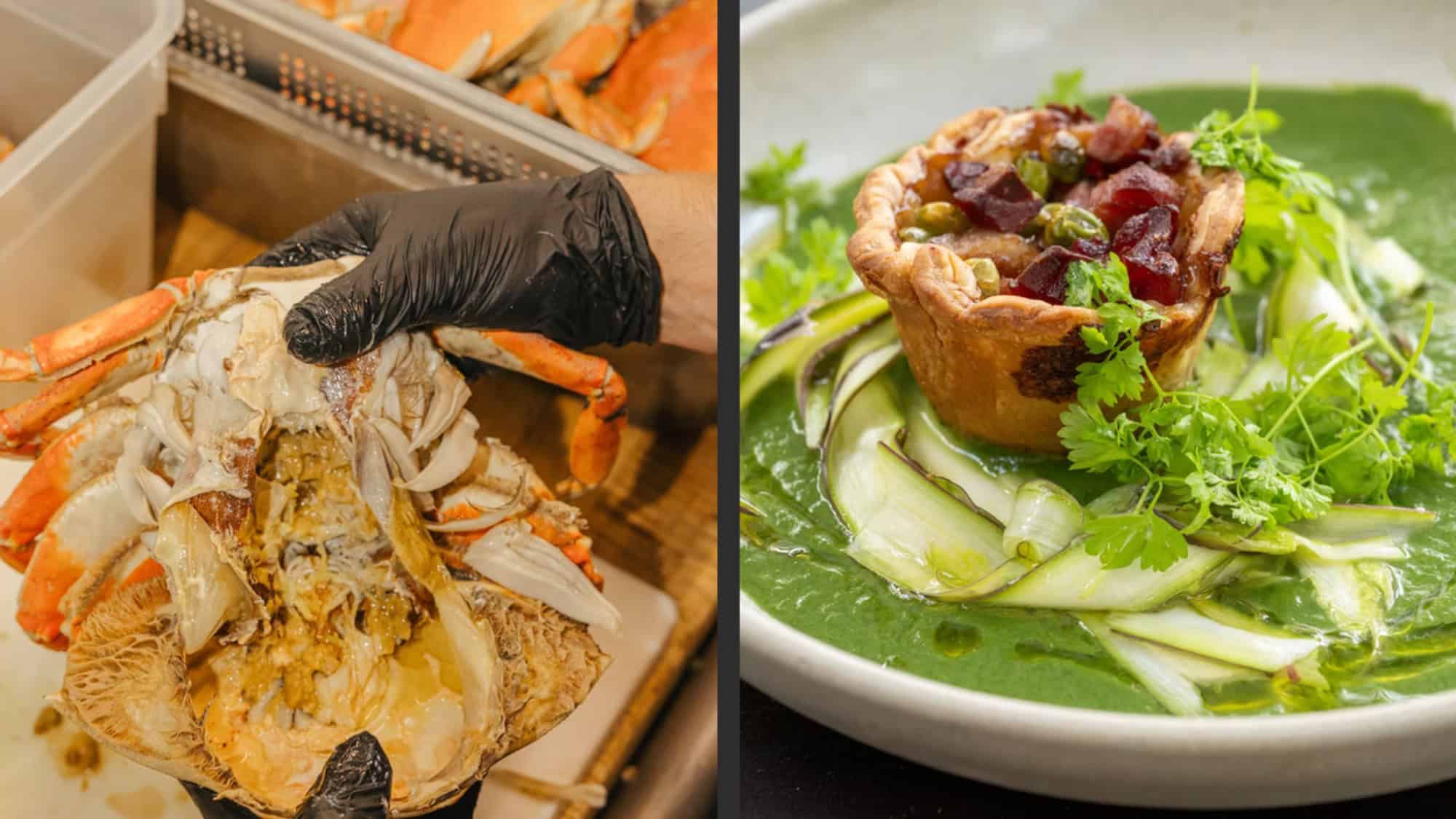 Left: A gloved hand holds a cooked crab with its shell removed. Right: A savory tart sits on green sauce, garnished with greens and shaved vegetables.