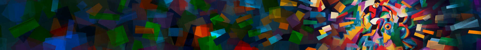 Abstract digital painting with colorful geometric shapes and rectangles in blue, green, red, and orange, clustered densely on the left and radiating outward on the right.