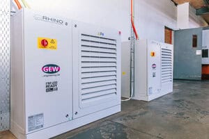 Two RHINO power control cabinets run the UV LED system, occupying a fraction of the space of the outgoing power and cooling units.
