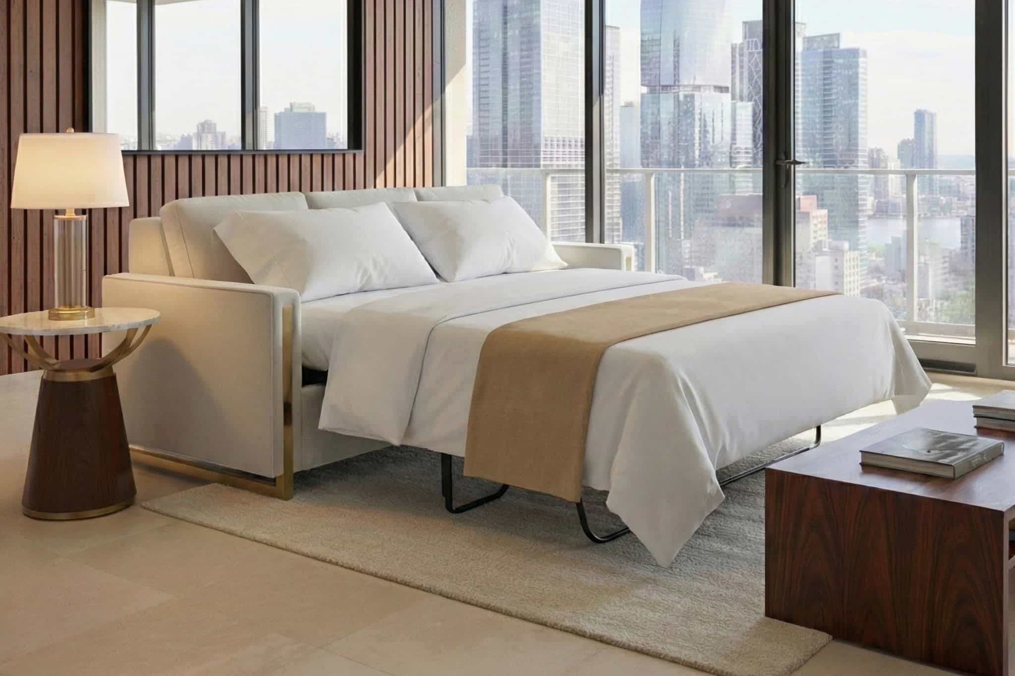 Hampton Zen Elite sleeper sofa in modern city hotel suite