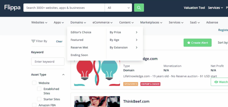Flippa's filters for finding your premium domain name