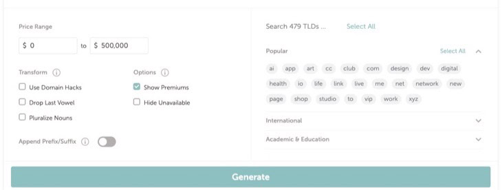 Search filters for narrowing down premium domain name search