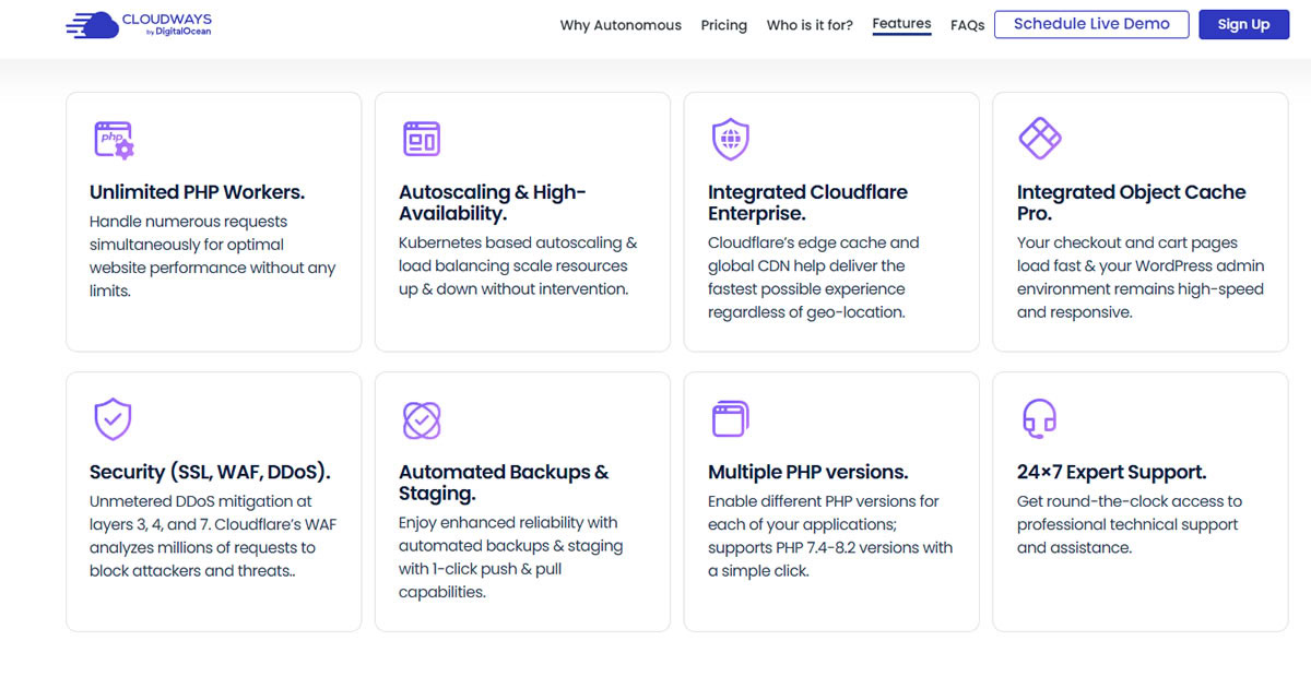 Example: Cloudways Autonomous plans offer advanced WordPress site management tools and cahcing technologies to boost your site’s performance