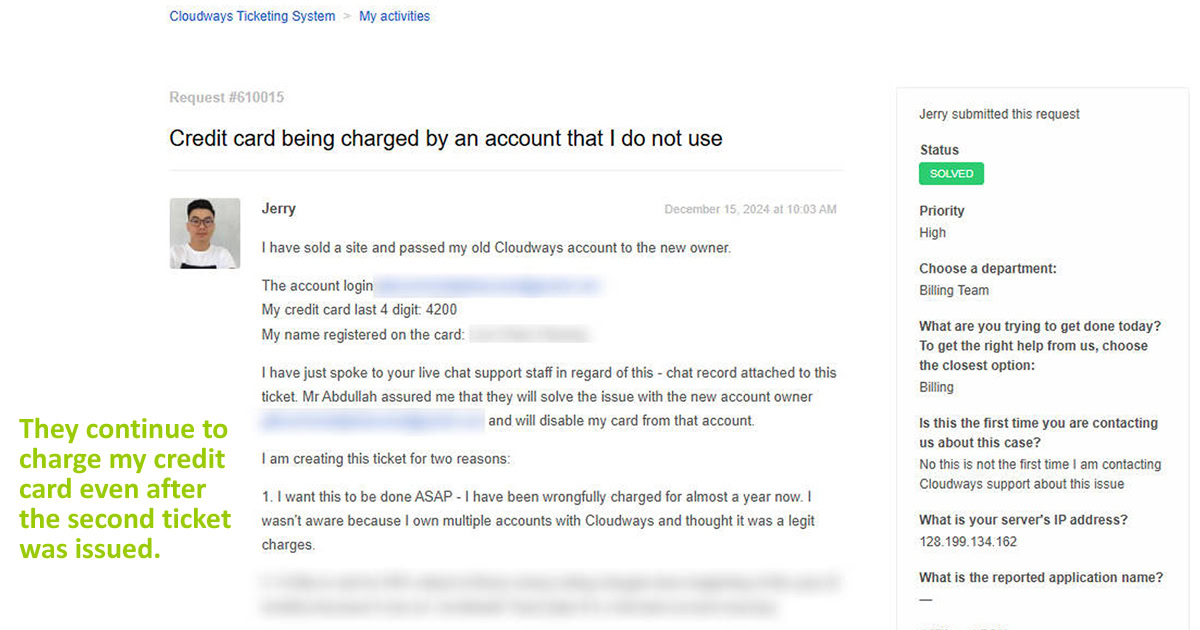 Cloudways billing support record