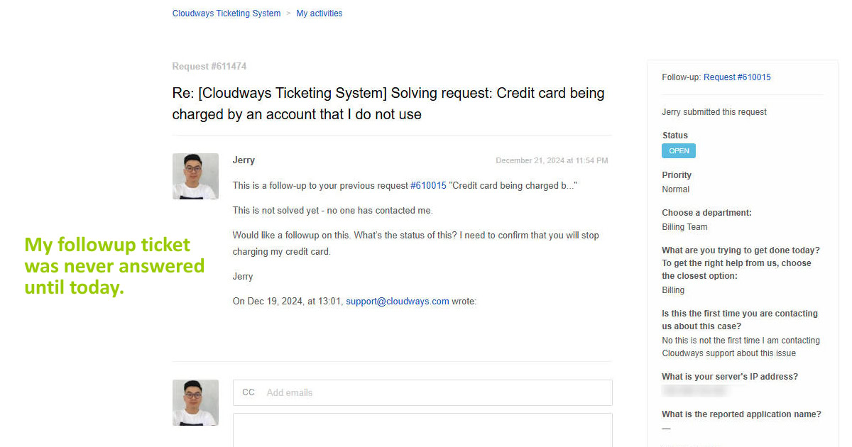 Cloudways billing support record