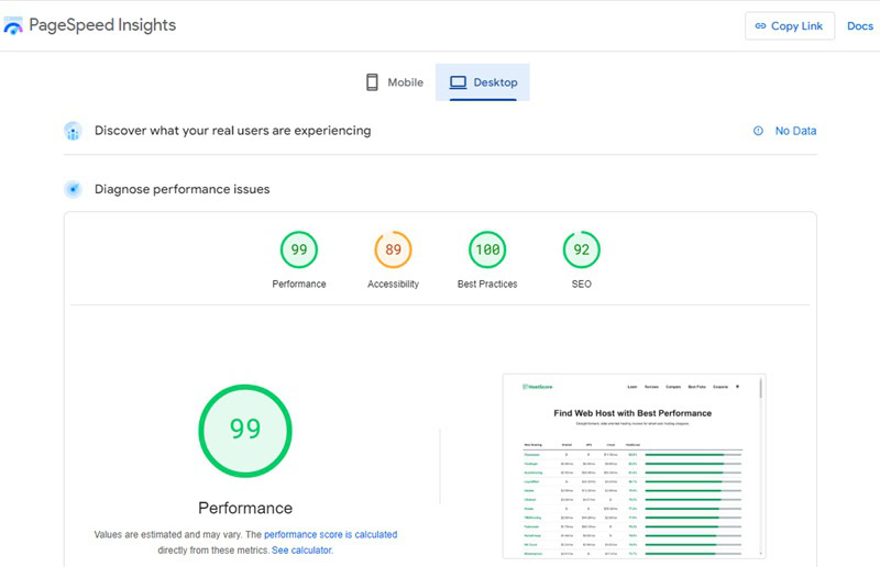Google PageSpeed Insights measures your site's speed, showing how hosting affects load times and user experience