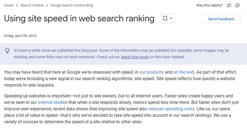 Google's 2010 Announcement on using site speed as a factor in search rankings.