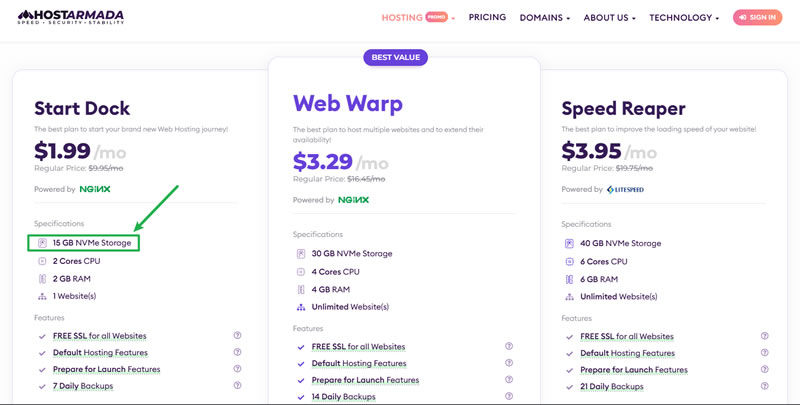 Example: HostArmada cPanel hosting stands out as an affordable option (signup at just $1.99/mo) that doesn’t compromise on performance, offering full NVMe storage for faster website speeds and reliability.
