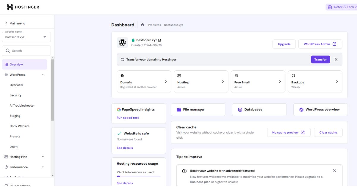 Hostinger WordPress Dashboard