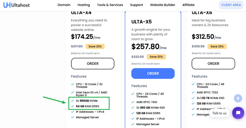 Ultahost’s dedicated hosting plans offer fast performance with NVMe storage, DDR5 RAM, and a wide range of server locations.