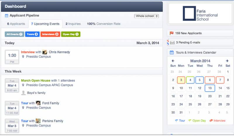 Dashboard > Upcoming Events Tab