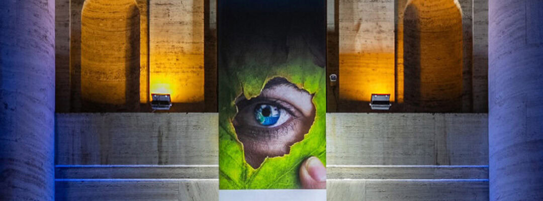 A grand entrance to the Borsa building, where the 2025 Sustainability Award is held, is lit with blue lights at night. Tall columns and banners display the “Sustainability Award” and “2025 5a Edizione,” each featuring a green eye.