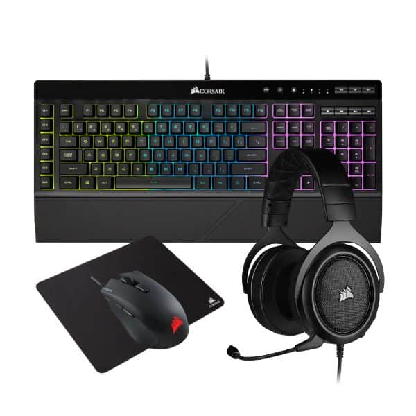Kit Corsair 4 en 1: Teclado K55 RGB PRO, Mouse Harpoon RGB PRO, Audífonos HS50 PRO Stereo y Mouse Pad