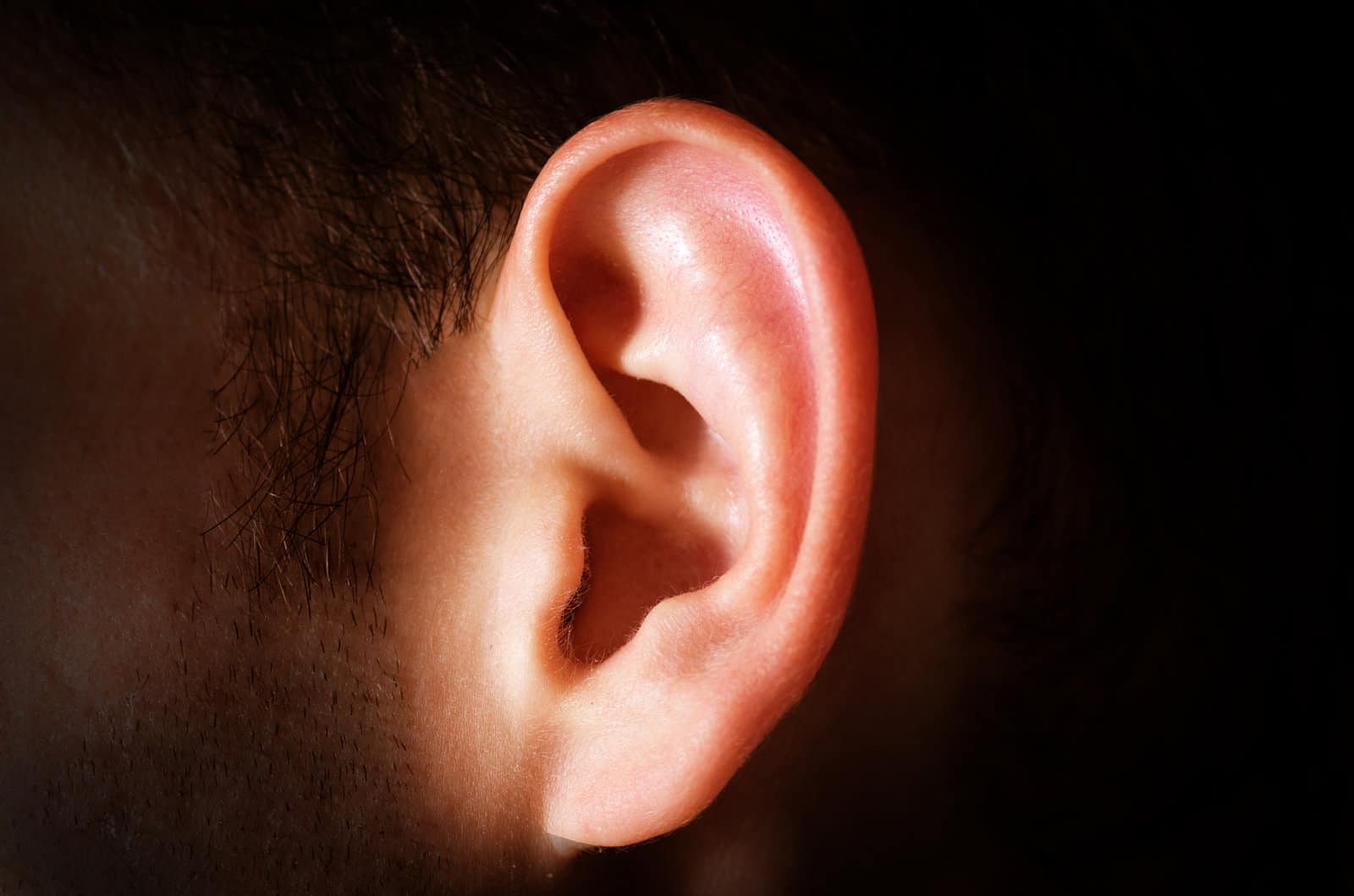 human-male-ear-on-a-dark-background-isolated