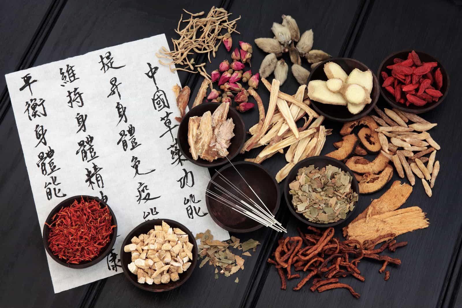 acupuncture-needles-with-chinese-herbal-medicine-selection-and-mandarin-calligraphy-script-on-rice-paper-describing-the-medicinal-functions-to-maintain-body-and-spirit-health-and-balance-body-energy