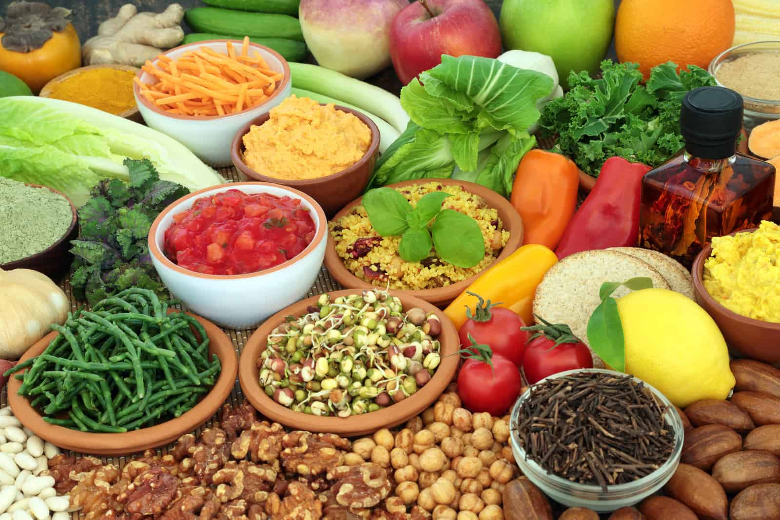 health-food-for-a-balanced-vegan-diet-with-foods-high-in-protein-omega-3-vitamins-minerals-antioxidants-anthocyanins-fibre-vegetables-fruit-olive-oil-herbs-dips-grains-black-tea-nuts