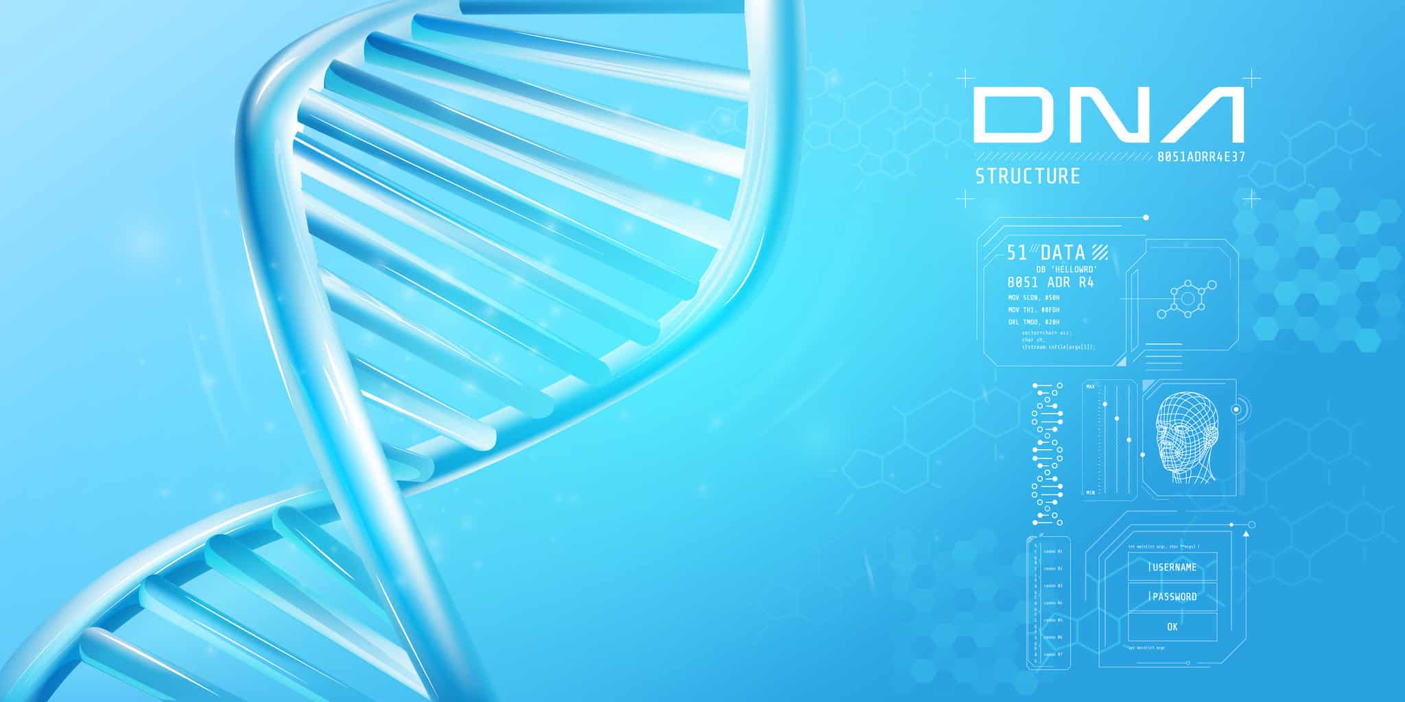 close-up-of-a-fragment-of-dna-structure-with-infographics-elements-on-a-light-blue-background-vector-illustration