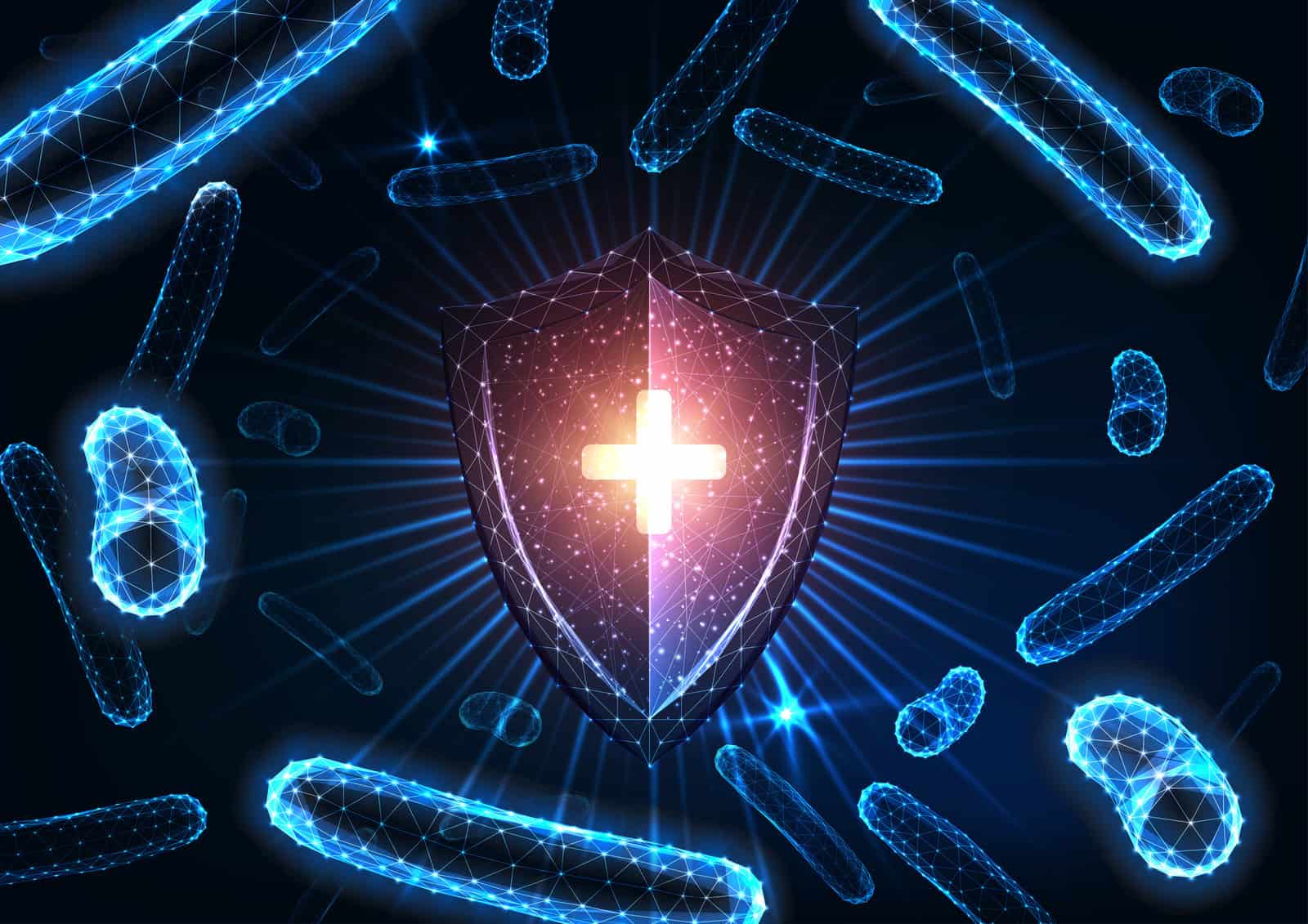 futuristic-immunity-antibacterial-medical-protection-concept-with-glowing-low-polygonal-shield-and-bacteria-on-dark-blue-background-modern-wire-frame-mesh-design-vector-illustration