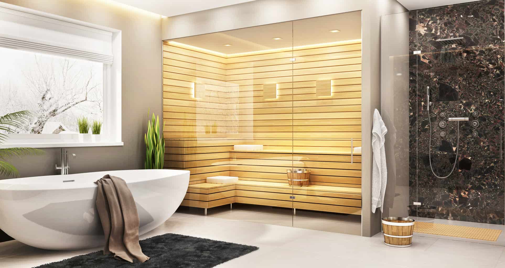 beautiful-bathroom-with-white-bath-and-sauna-and-shower-in-a-modern-home