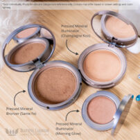 Colorescience bronzer with illuminator champagne kiss and illuminator morning glow shades and sizes for comparison - available in Canada