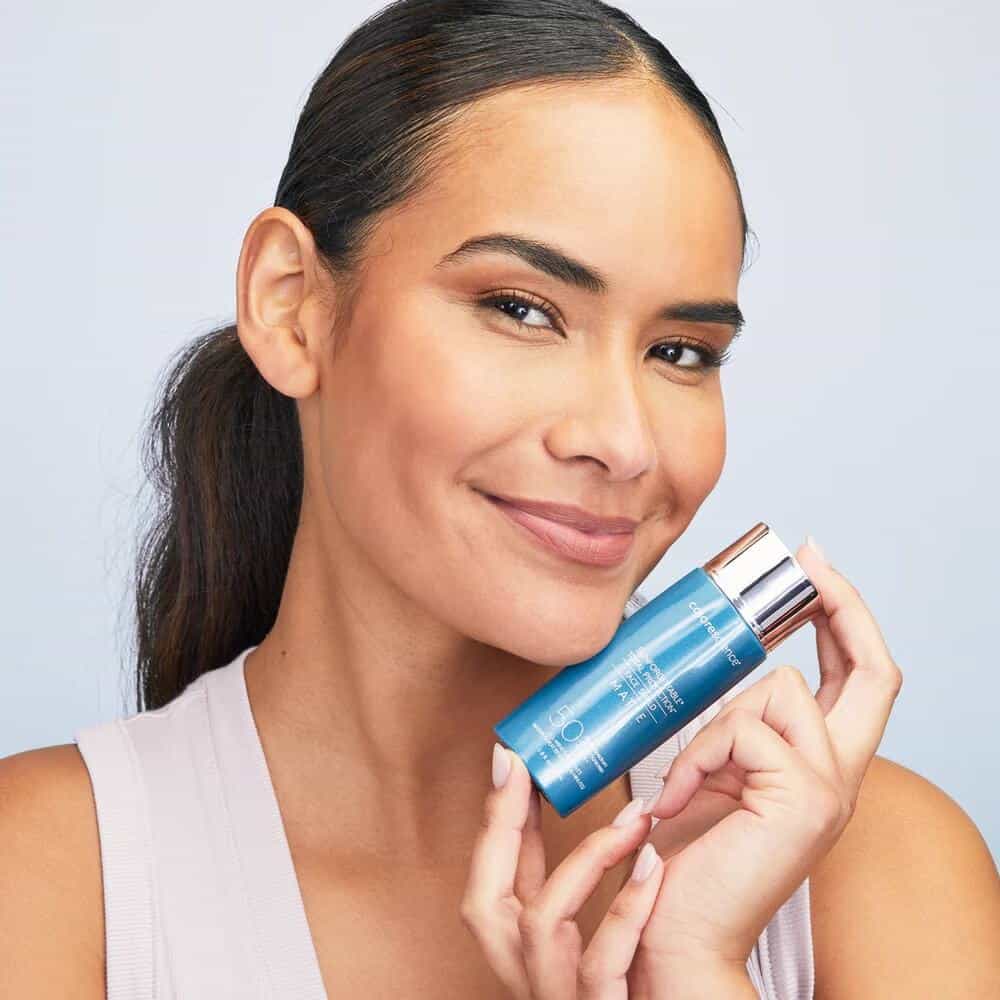 Colorescience SPF 50 Face Shield Matte sample on dark skin - available in Canada