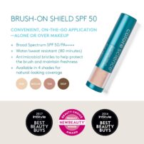 Colorescience Sunforgettable Brush On Sunscreen Powder tube statements with awards and colours