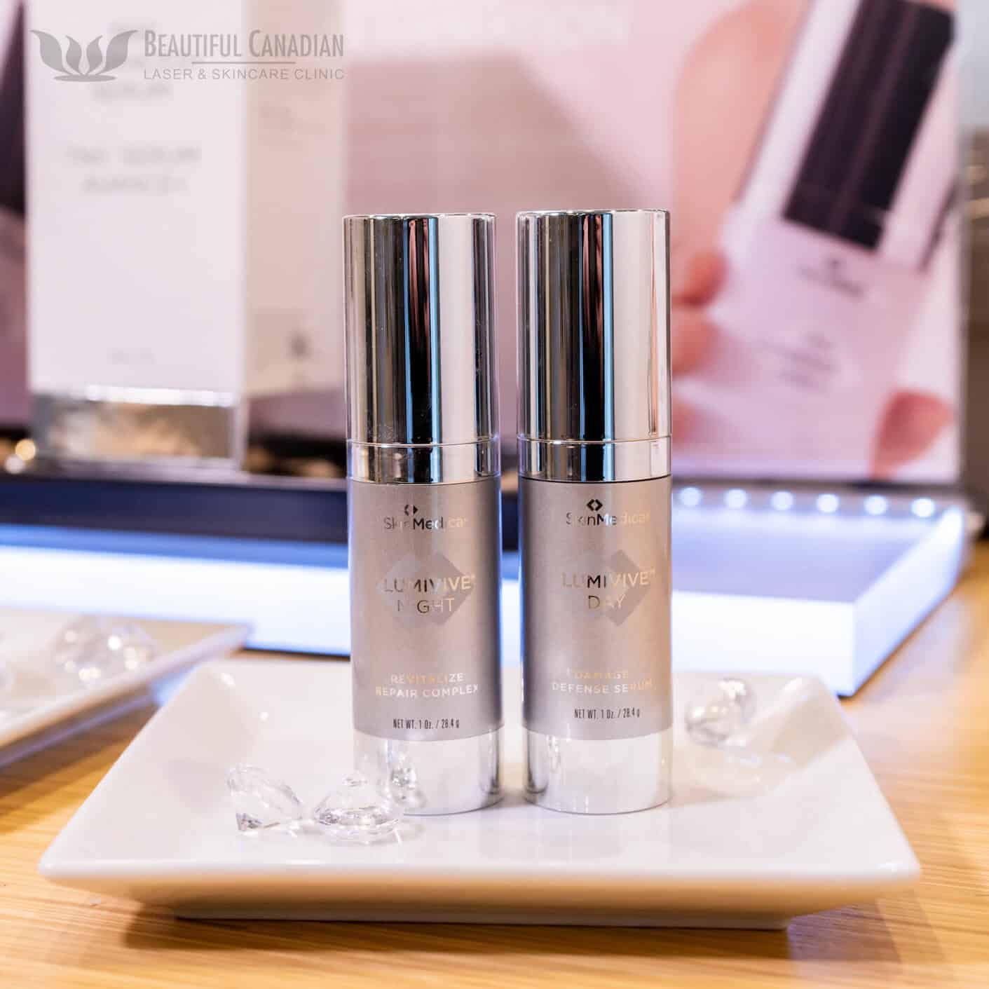 SkinMedica lumivive day and night serum duo on display in Canada skin clinic - available in Canada online