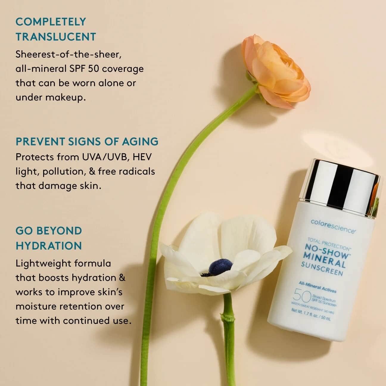 Colorescience® No-Show™ Mineral Sunscreen SPF 50 - graphic showing benefits