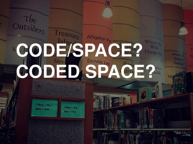 Image of book spines with text overlay saying "Code/Space? Coded Space?