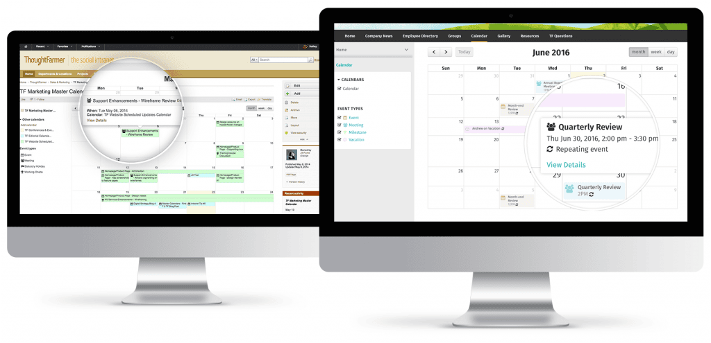 Compairson of ThoughtFarmer and Pacific Credit Union desktop website's calendar event views
