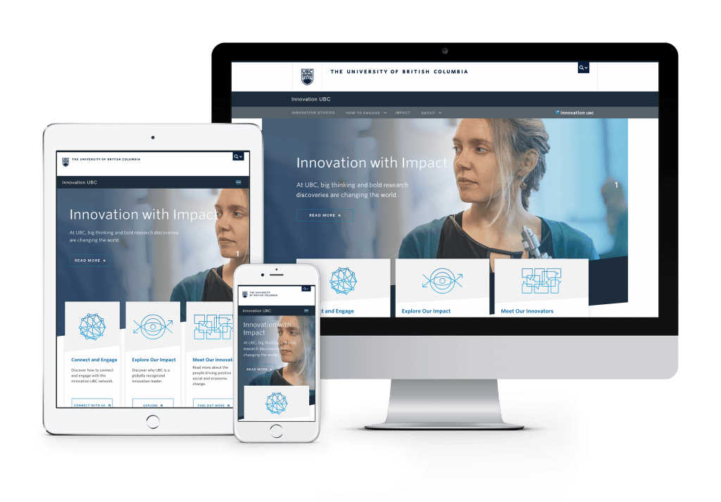 UBC Innovation initiative website shown on computer, mobile and tablet