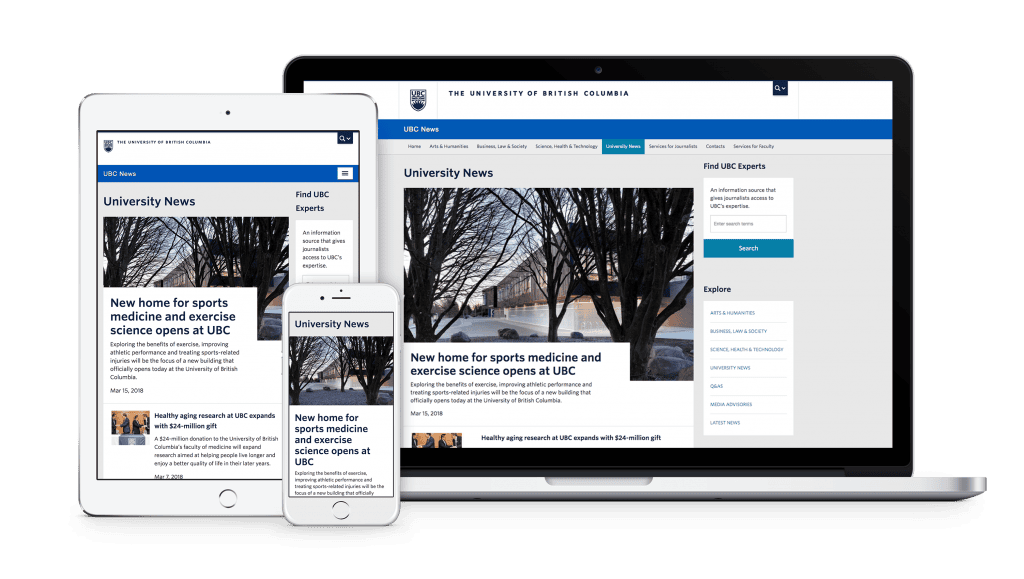 UBC News website article example displayed on MacBook Pro, iPad, and iPhone.
