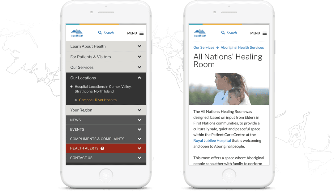 Image showing the mobile website redesign for Vancouver Island’s Health Authority 