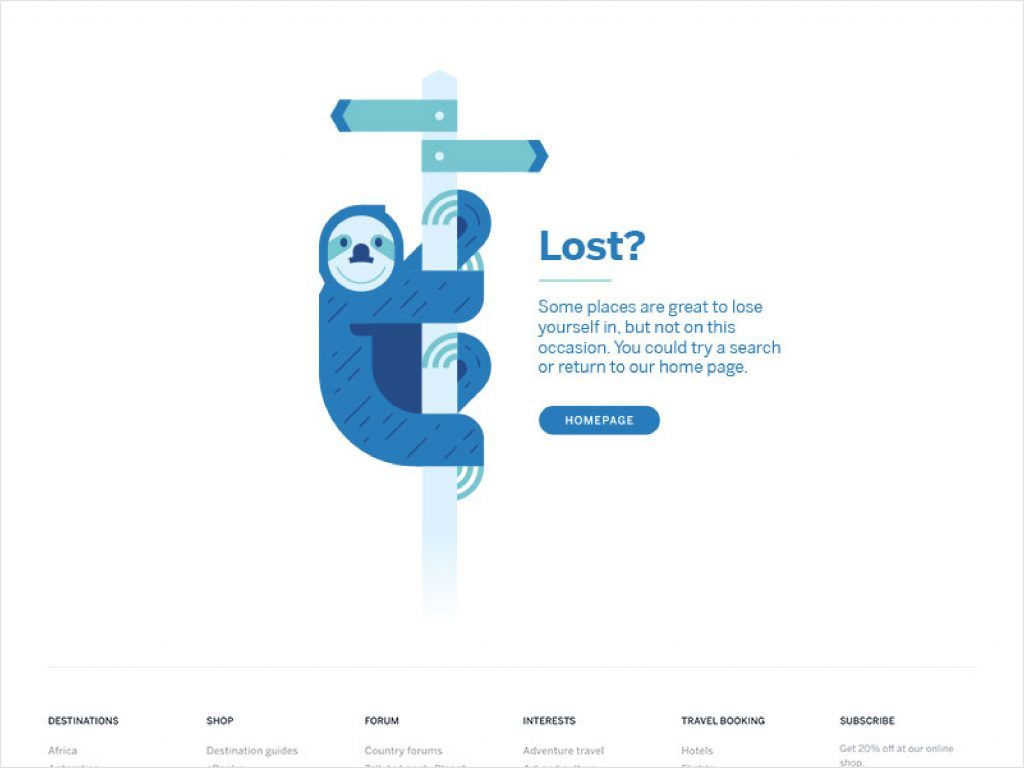 The Lonely Planet 404 page uses illustration to add a sense of calm, easing a potentially-frustrating experience with humour.