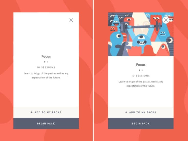Headspace app showing left screen has no illustration. Right shows an illustration style setting an emotional tone.
