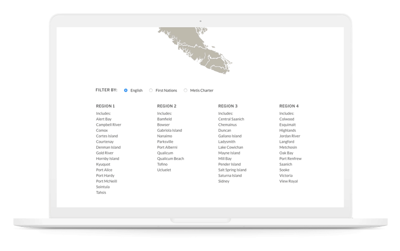 Image showing the website redesign for Vancouver Island’s Health Authority of a white laptop showing Island Health Interactive Map and Regions