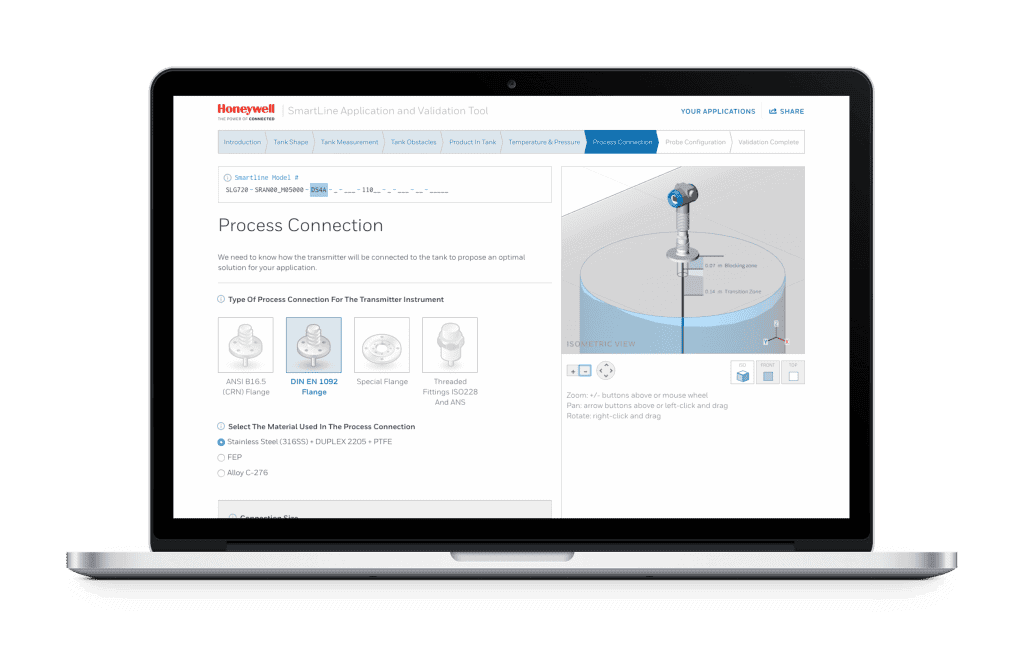 Honeywell Smartline webpage on laptop of connection parts